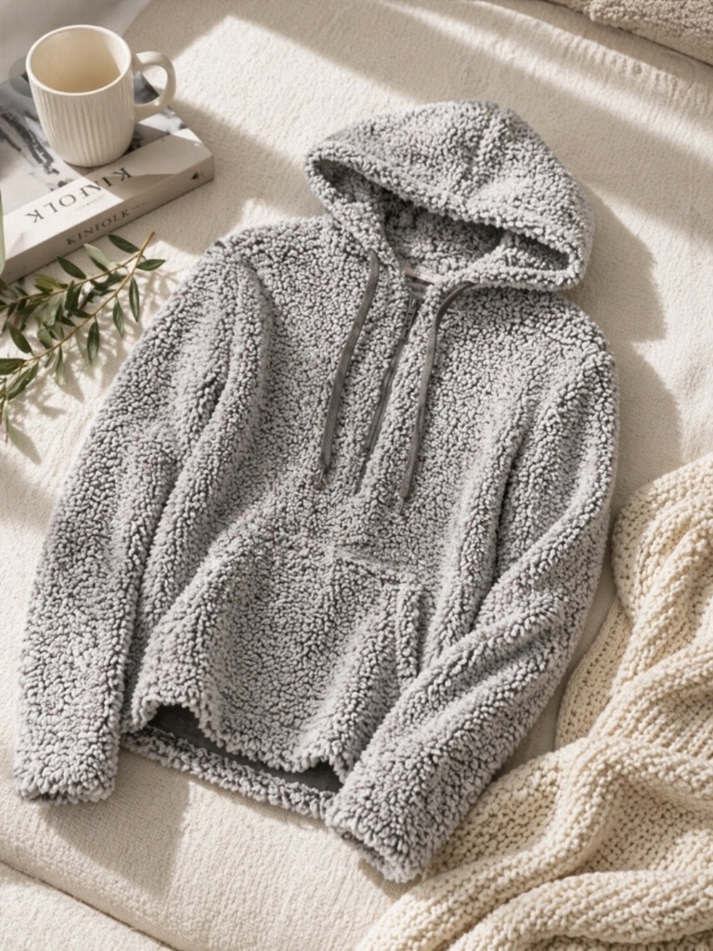 Thread & Supply Gray Sherpa Fleece Hoodie Pullover Cozy Sweatshirt